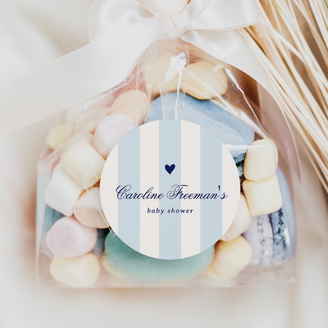 Modern Blue Stripe Heart Valentine Baby Shower Classic Round Sticker (Creator Uploaded)