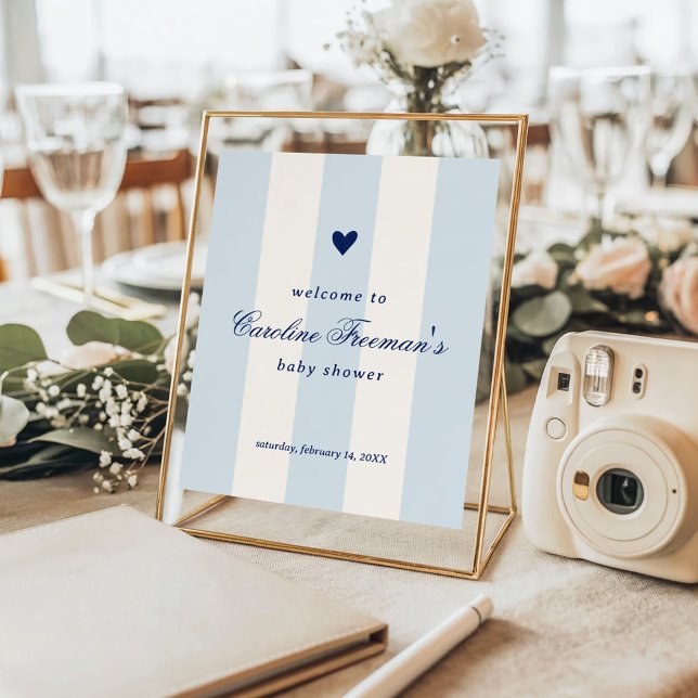 Modern Blue Stripe Heart Valentine Table Welcome Poster (Creator Uploaded)