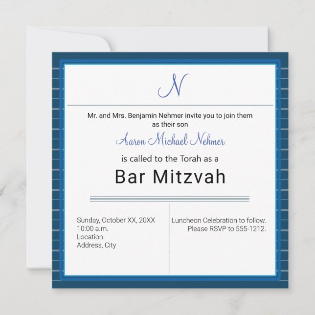 Modern Blue Stripe Monogram  Bar Mitzvah Invitation (Front)