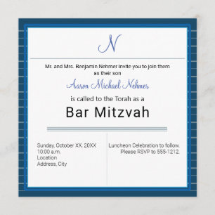 Modern Blue Stripe Monogram  Bar Mitzvah Invitation