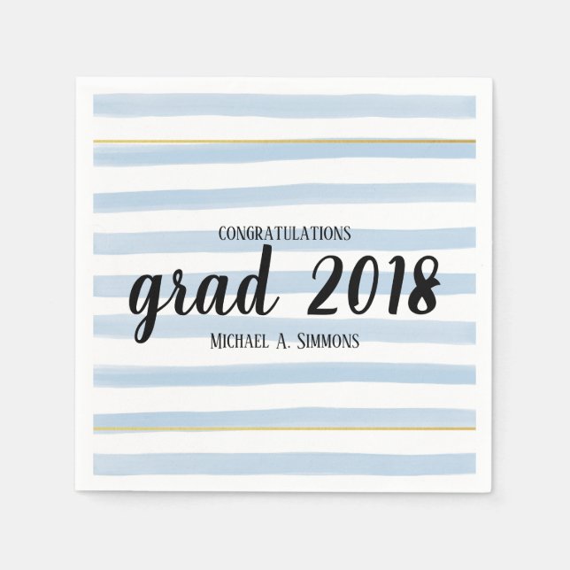 Modern Blue Striped  GRAD Graduation Party Napkins (Front)