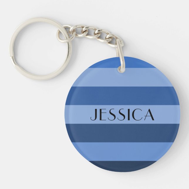 Modern Blue Striped Name Key Ring (Front)