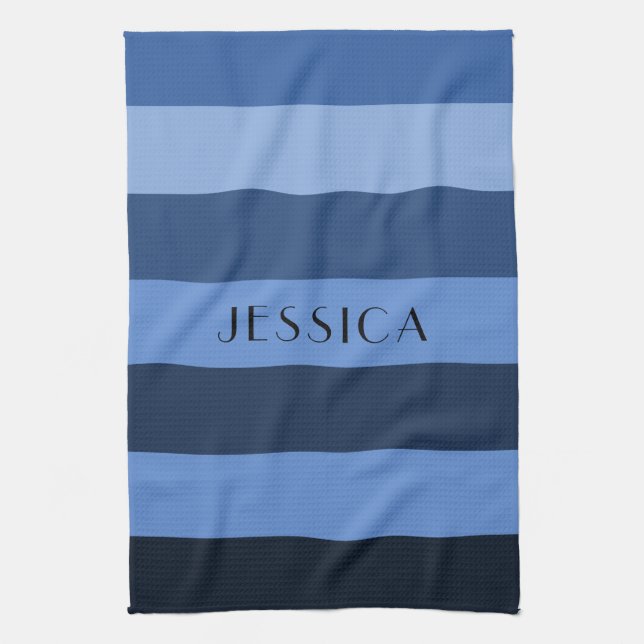 Modern Blue Striped Pattern Name Tea Towel (Vertical)