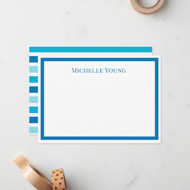 Modern Blue Striped Personalised Name Note Card (Front/Back In Situ)