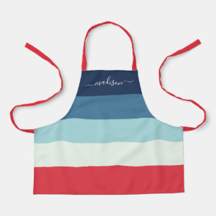 Modern blue striped script name kids apron