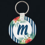 Modern Blue Stripes and Flowers Monogram Key Ring<br><div class="desc">Modern blue striped keychain with floral detail and your initial.</div>
