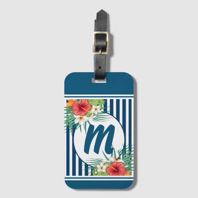 Modern Blue Stripes and Flowers Monogram Luggage Tag (Front Vertical)