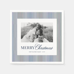 Modern Blue Stripes Christmas Family 2 Photos Napkin