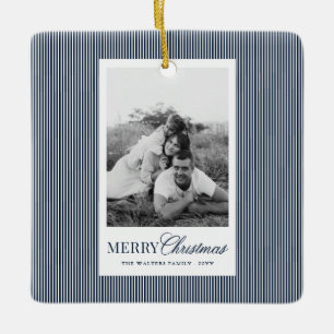 Modern Blue Stripes Christmas Family 4 Photos Ceramic Ornament