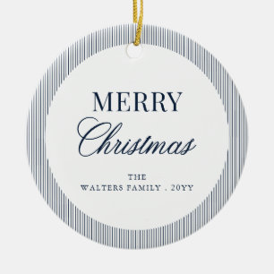 Modern Blue Stripes Christmas Family Photo Ceramic Tree Decoration