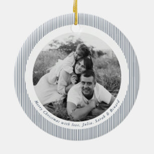 Modern Blue Stripes Christmas Family Photo Ceramic Tree Decoration