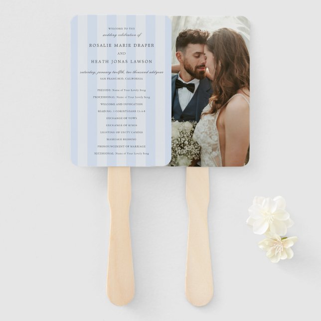Modern Blue Stripes Elegant Wedding Program Hand Fan (Front and Back)