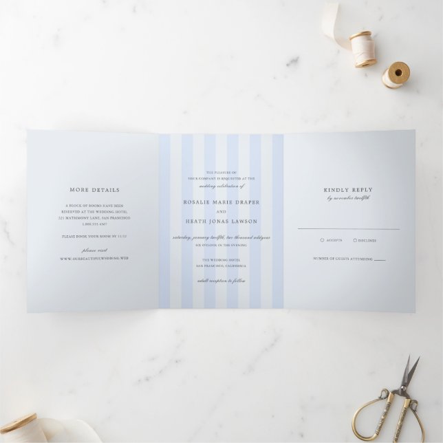 Modern Blue Stripes Elegant Wedding Tri-Fold Invitation (Inside)