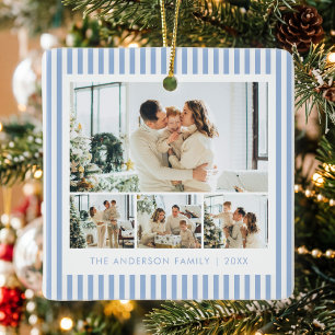 Modern Blue Stripes Family Photo Collage Ceramic Ornament