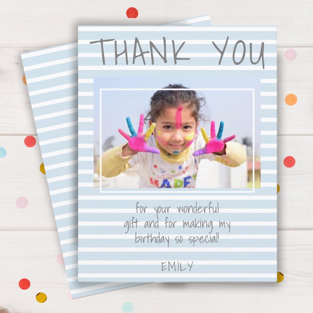 Modern Blue Stripes Kids Photo Birthday Thank you (Creator Uploaded)