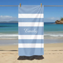Modern Blue Stripes Name Beach Towel
