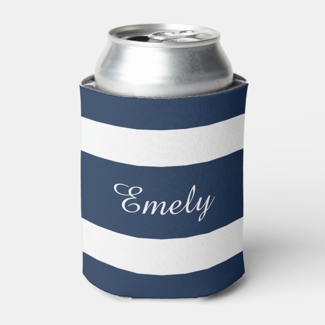Modern Blue Stripes Name Can Cooler (Can Front)