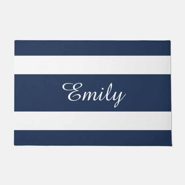 Modern Blue Stripes Name Doormat (Front)