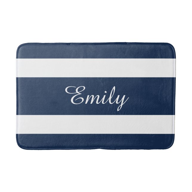 Modern Blue Stripes Pattern Name Bath Mat (Front)