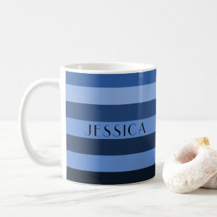 Modern Blue Stripes Pattern Name Coffee Mug