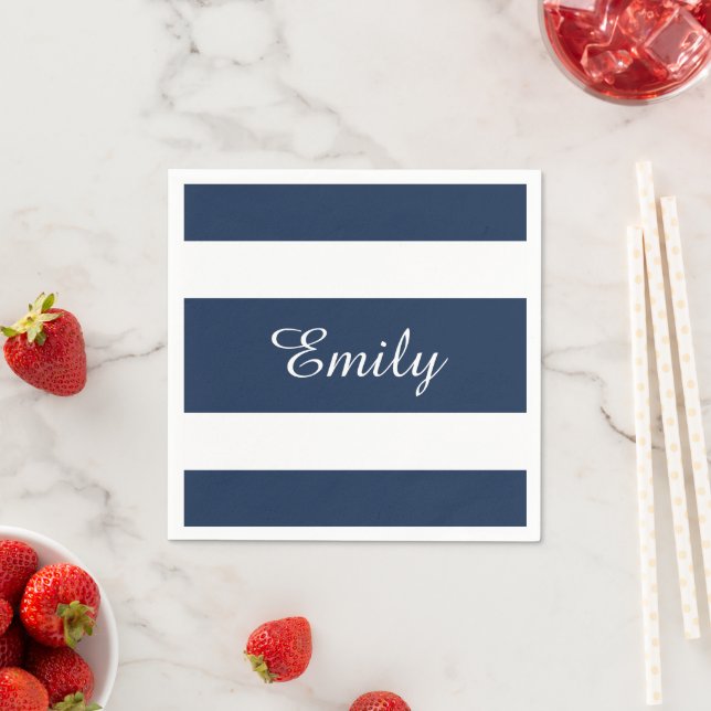 Modern Blue Stripes Pattern Name Napkin (Insitu)