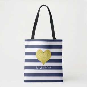Modern Blue Stripes Pattern Name Tote Bag