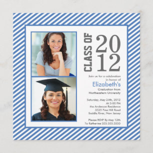 Modern Blue Stripes Photo Graduation Invitation