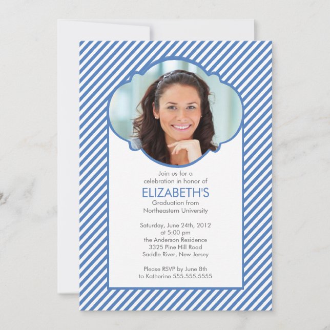 Modern Blue Stripes Photo Graduation Invitation (Front)