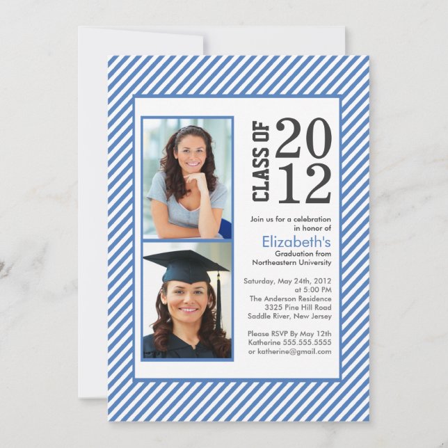 Modern Blue Stripes Photo Graduation invitation (Front)
