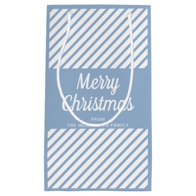 Modern Blue Stripes Script Merry Christmas Small Gift Bag (Front)