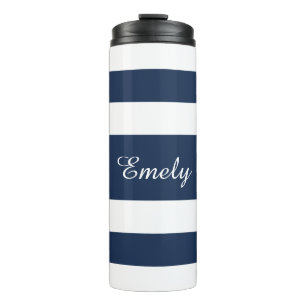 Modern Blue Stripes Script Thermal Tumbler