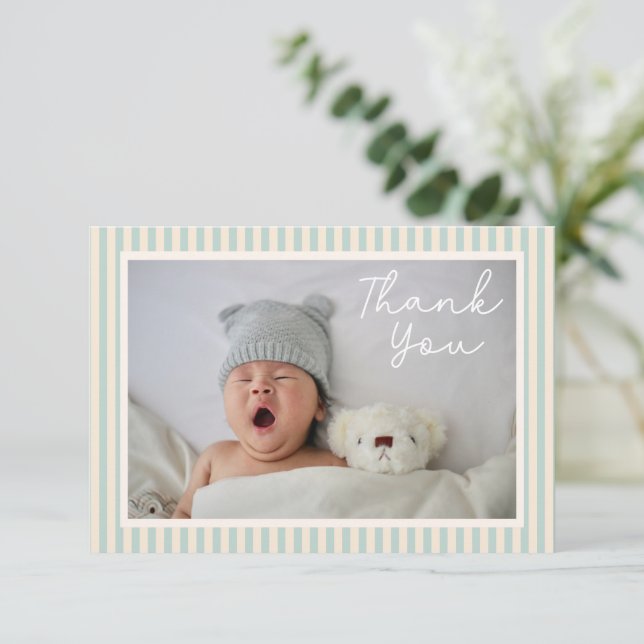 Modern Blue Stripes Two Photo Baby Shower Message Thank You Card (Standing Front)