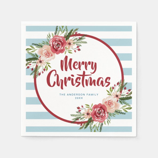 Modern Blue Stripes Watercolor Flowers Christmas Napkin (Front)