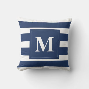 Modern Blue Stripes with Monogram Throw Pillow