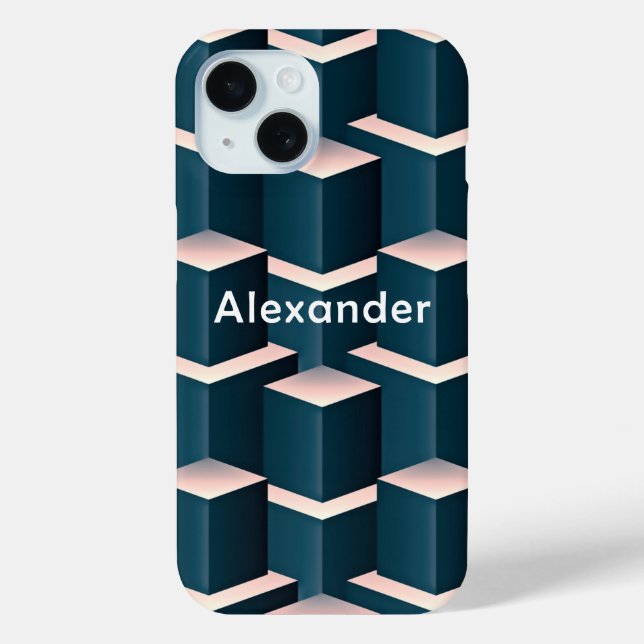 Modern Blue Stylish Squares Blocks Personalise Case-Mate iPhone Case (Back)