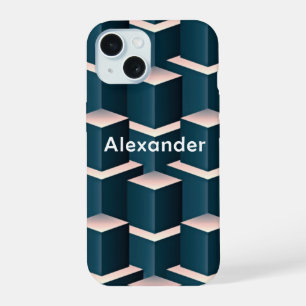 Modern Blue Stylish Squares Blocks Personalise iPhone 15 Case