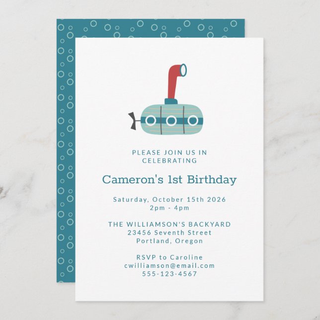 Modern Blue Submarine Simple 1st Birthday Invitation (Front/Back)