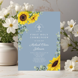 Modern Blue Sunflowers First Holy Communion  Invitation