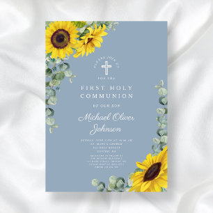 Modern Blue Sunflowers First Holy Communion Invitation