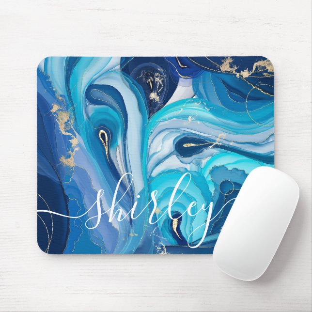 Modern Blue Swirl Agate Iridescent Custom Name  Mouse Mat (With Mouse)
