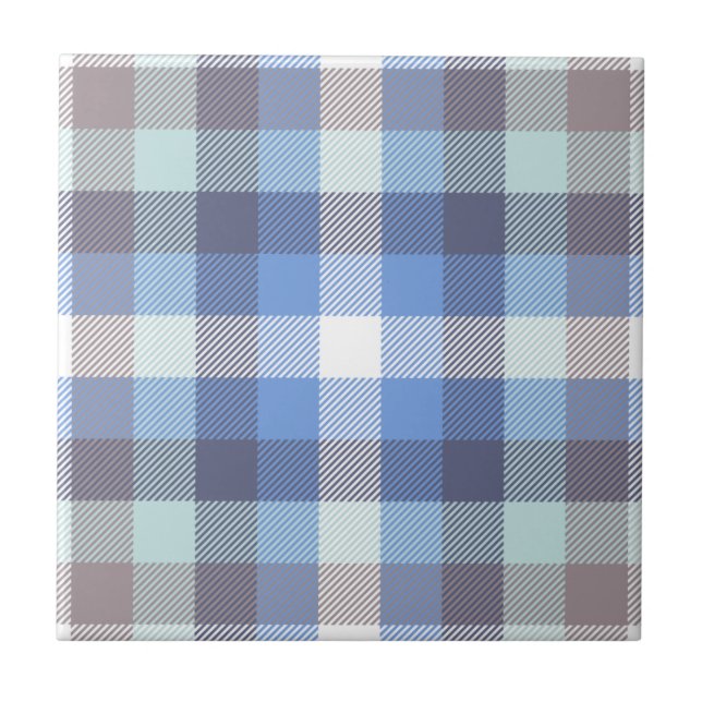 Modern Blue Taupe Tartan Plaid Pattern Tile (Front)