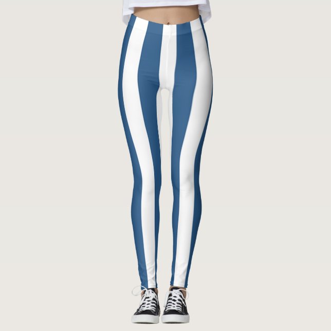 Modern blue teal and white stripes leggings (Front)