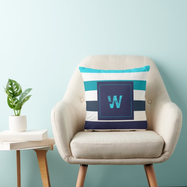 Modern Blue Teal Stripes Monogram Cushion (Chair)