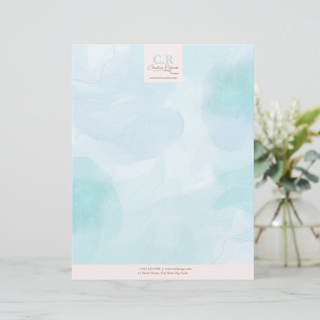 Modern Blue Teal Watercolor Custom Letterhead (Standing Front)