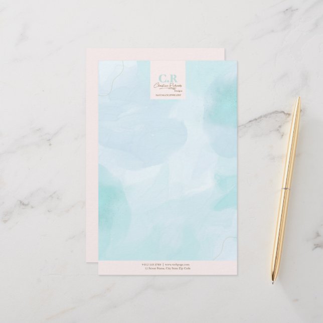 Modern Blue Teal Watercolor Stationery (Front/Back In Situ)