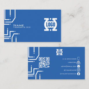 Modern blue Tech Circuit Board QR Code Business Card