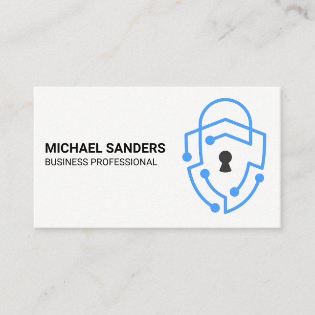 Modern Blue Tech Security Shield Logo Business Card (Front)