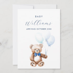 Modern Blue Teddy Bear Minimalist Pregnancy Announcement