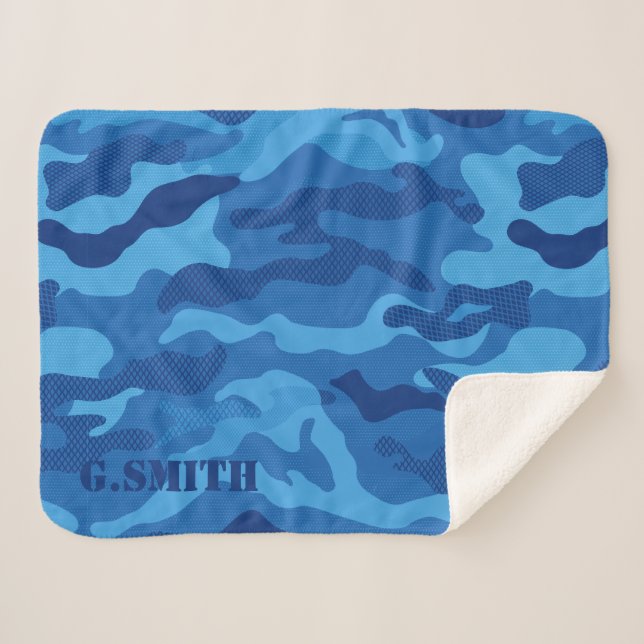 Modern Blue Texture Camo Camouflage Pattern Sherpa Blanket (Front (Horizontal))