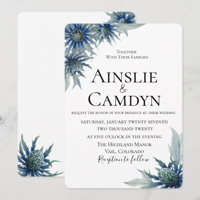 Modern Blue Thistle Wedding Invitation (Front/Back)